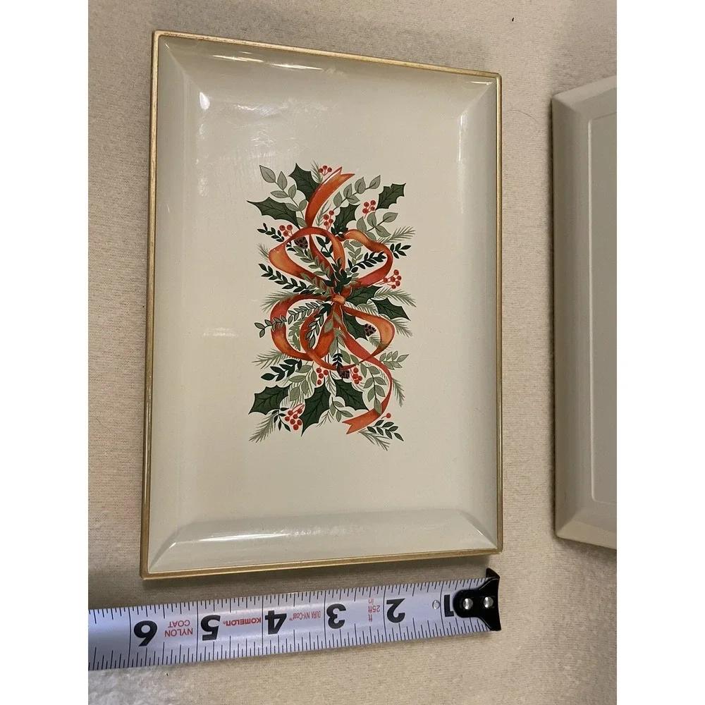 Set Of 2 VTG Otagiri Japan Tray Platter Christmas Red Bow Lauqerware  8.5x6